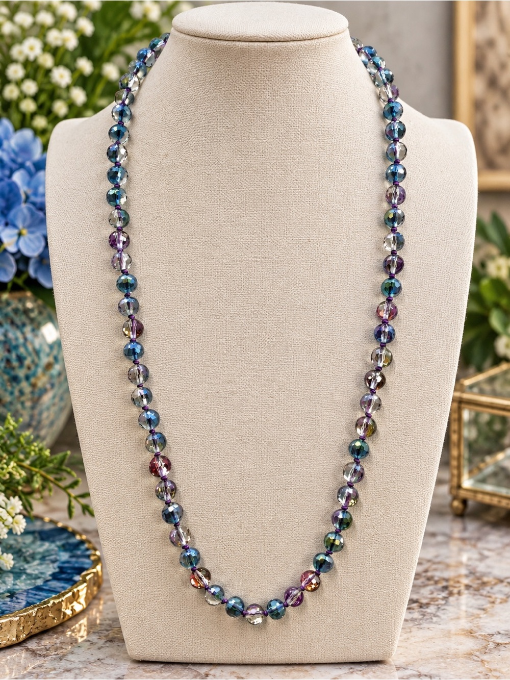 Faceted Multicolor Glass AB 26 inch necklace handknotted
